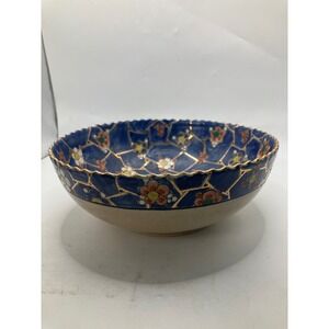 Vintage Japanese Bowl‎ Gold Gilt Floral Moriage Cobalt Blue Scalloped Edge